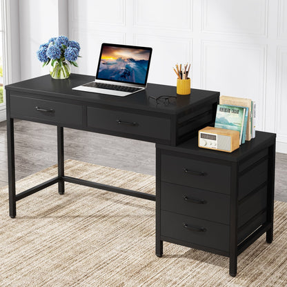 Reversible Computer Desk with 5 Drawers, Home Office Desk with File Cabinet Drawer Printer Stand
