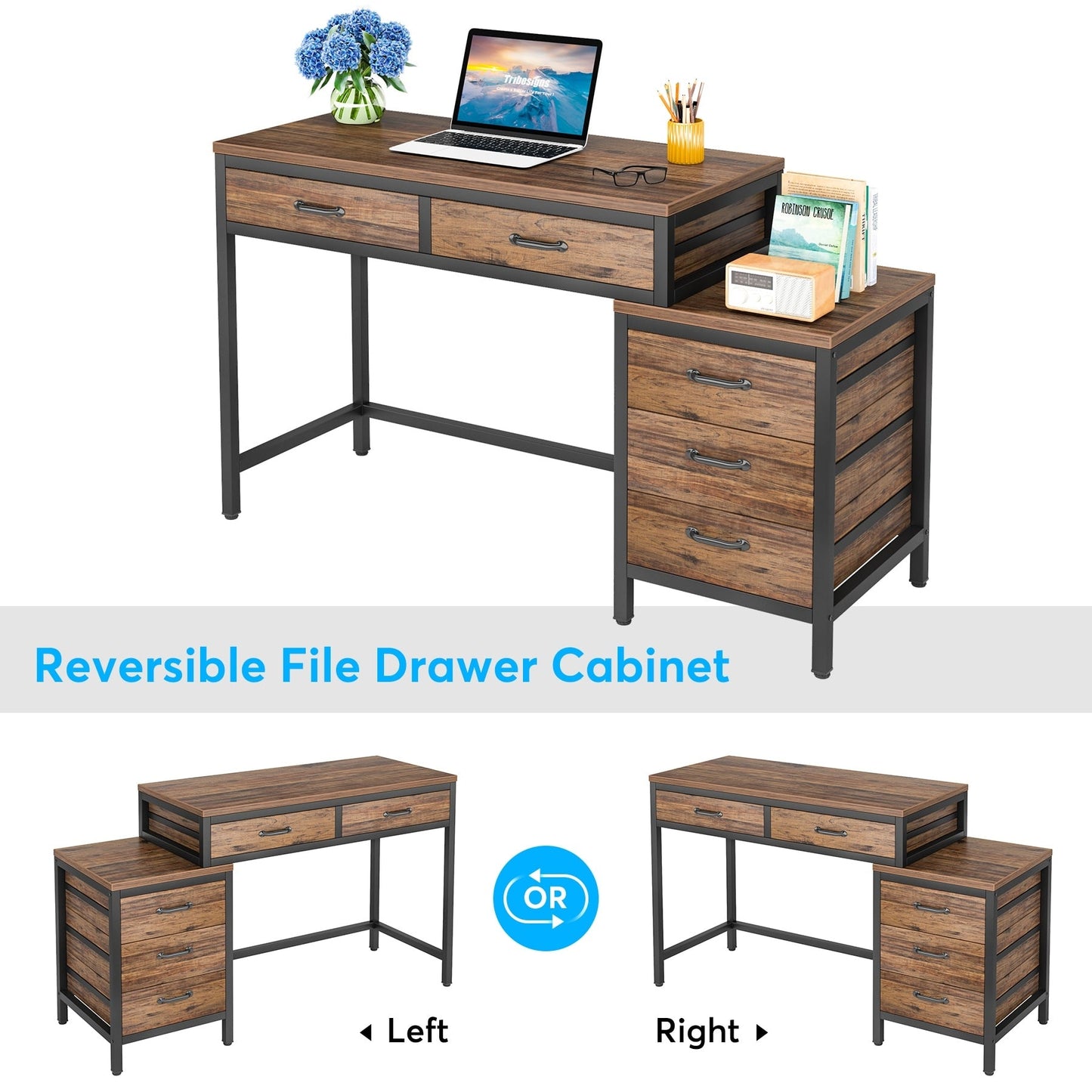 Reversible Computer Desk with 5 Drawers, Home Office Desk with File Cabinet Drawer Printer Stand