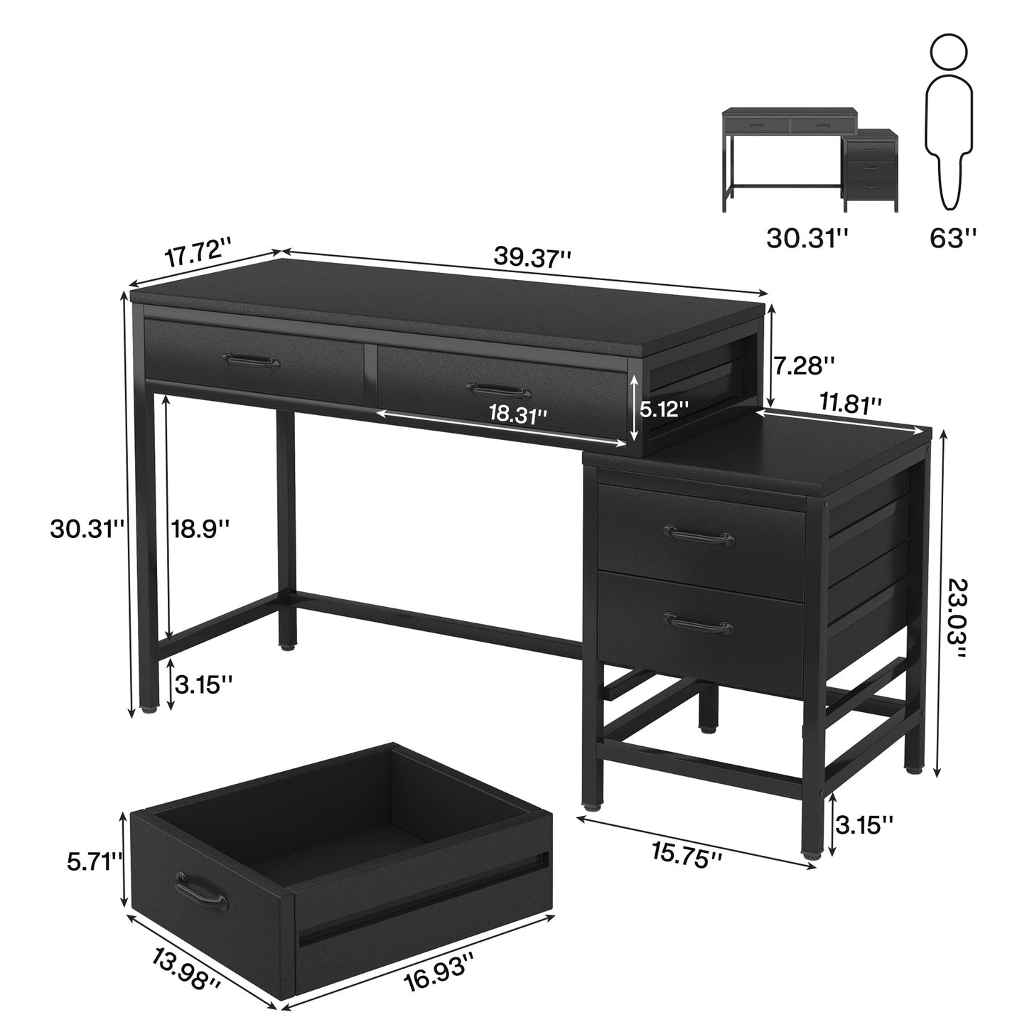 Reversible Computer Desk with 5 Drawers, Home Office Desk with File Cabinet Drawer Printer Stand