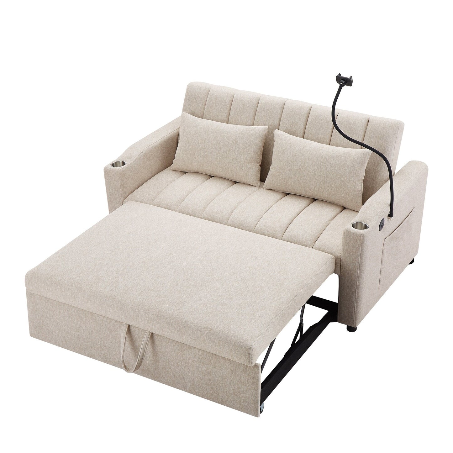 Roomfitters Convertible Loveseat Sofa Bed with USB Ports, Side Pockets, Cup Holders, and Swivel Phone Holder for Living Room