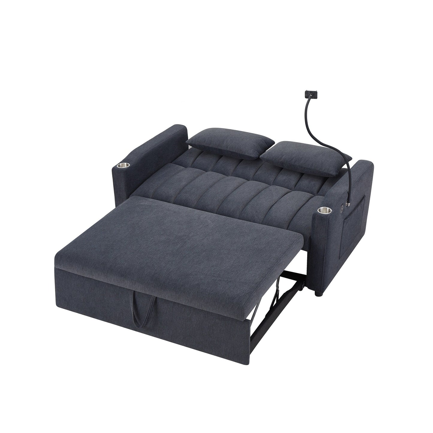 Roomfitters Convertible Loveseat Sofa Bed with USB Ports, Side Pockets, Cup Holders, and Swivel Phone Holder for Living Room