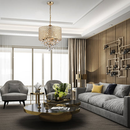 Round Beaded Drum Chandelier with Hanging Crystals