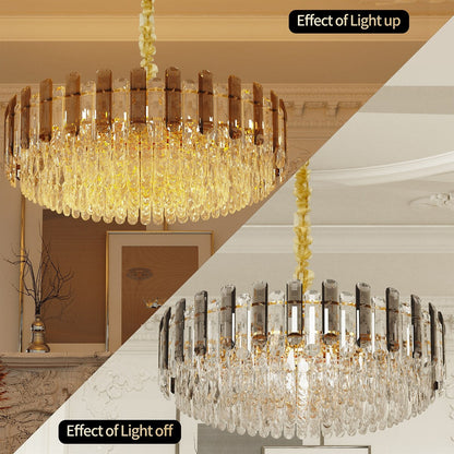 Round Layer Shining Crystal Ceiling Chandelier Lamp with 3 Color Lighting Pendant Light Fixture