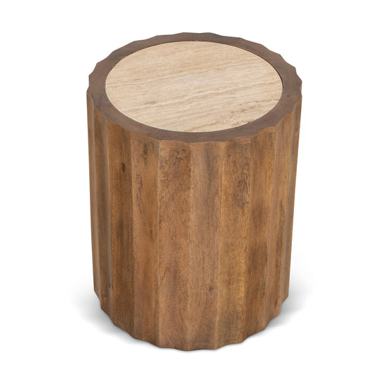 Avanti 45cm Travertine Top Round Side Table - Walnut