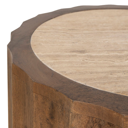 Avanti 45cm Travertine Top Round Side Table - Walnut