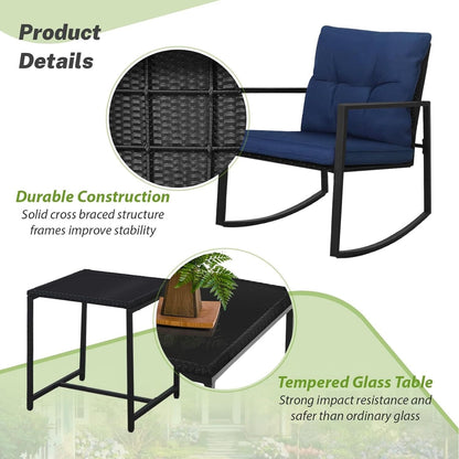 SUNCROWN 3-Piece Black Metal Outdoor Patio Rocking Bistro Set