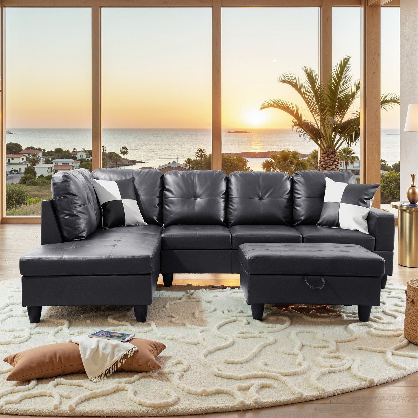 Semi PU Synthetic Leather 3-Piece Couch Living Room Sofa Set