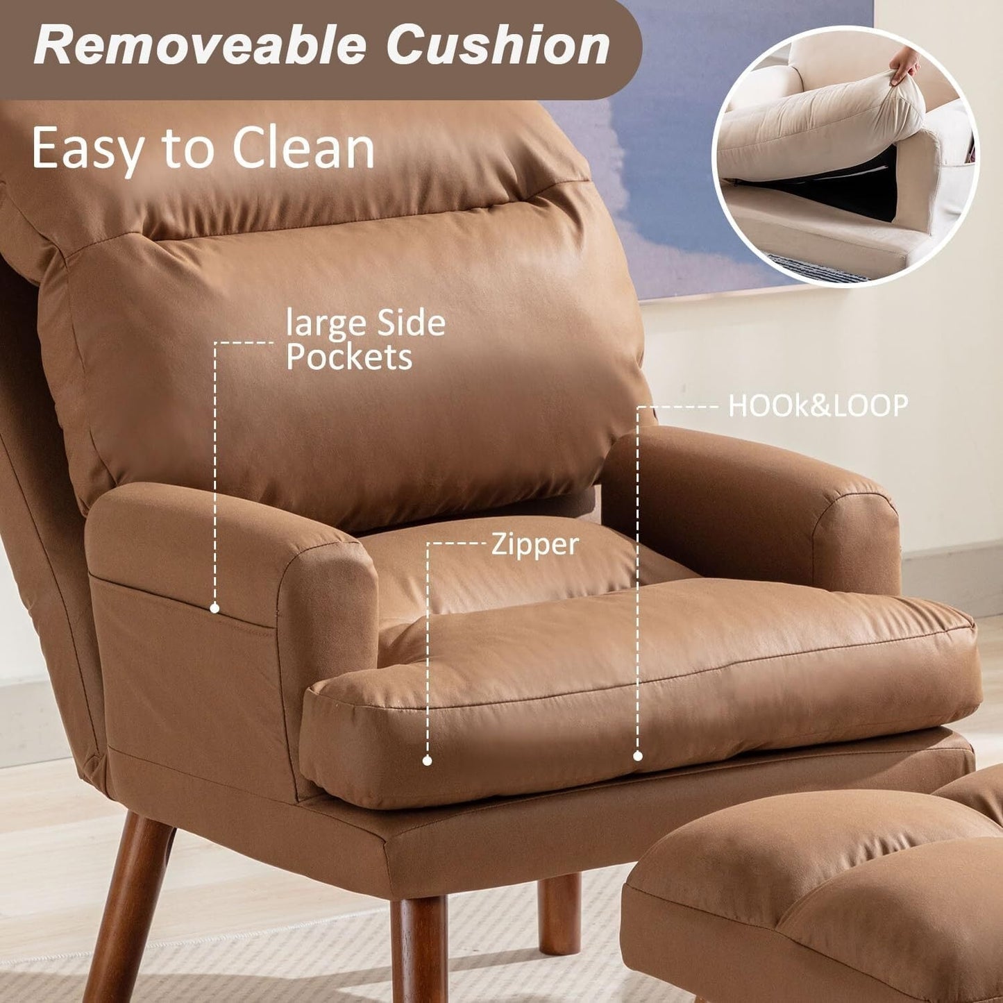 Soft Fabric Casual Living Room Armchair With Adjustable Backrest And Legs Stool