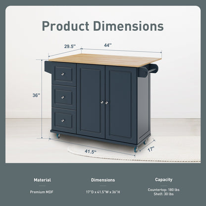 Sophia & William Kitchen Island Cart with Drop-Leaf and Rubber Wood Top, Rolling Kitchen Trolley Cart with Large Storage Cabinet