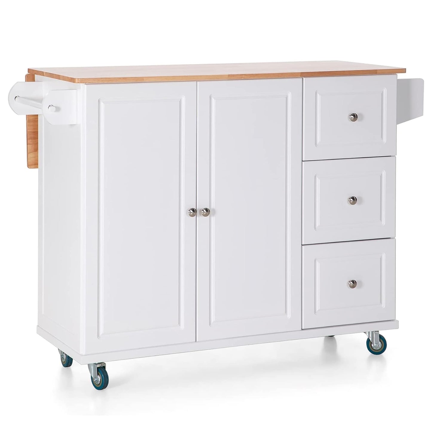 Sophia & William Kitchen Island Cart with Drop-Leaf and Rubber Wood Top, Rolling Kitchen Trolley Cart with Large Storage Cabinet