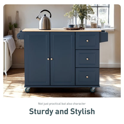 Sophia & William Kitchen Island Cart with Drop-Leaf and Rubber Wood Top, Rolling Kitchen Trolley Cart with Large Storage Cabinet