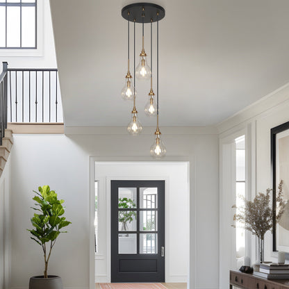 Synia Modern 5-Light Cluster Teardrop Glass Chandelier Stair Entryway Pendant Light for High Ceiling - D15'' x H18.2-74.2''