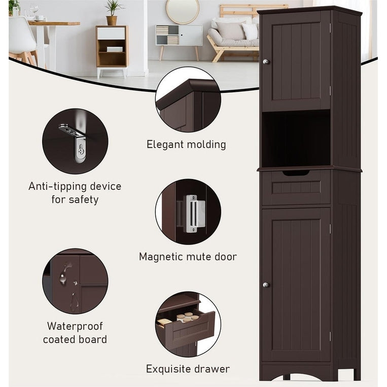 67'' Tall Bathroom Narrow Linen Cabinet, 5 Tiers Solid Wood Freestanding Storage Cabinet