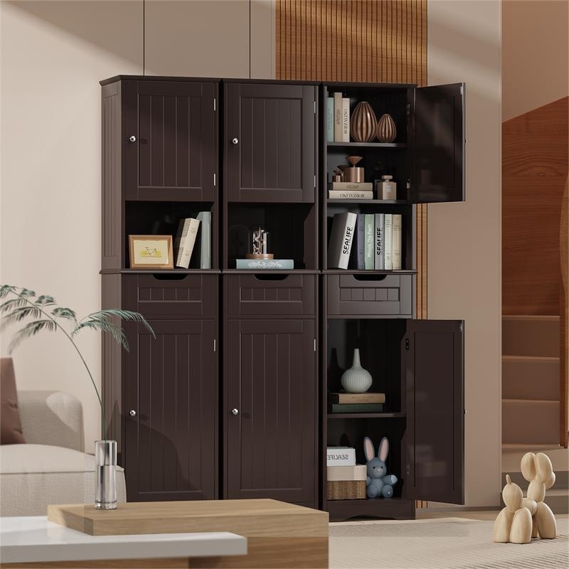 67'' Tall Bathroom Narrow Linen Cabinet, 5 Tiers Solid Wood Freestanding Storage Cabinet