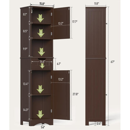 67'' Tall Bathroom Narrow Linen Cabinet, 5 Tiers Solid Wood Freestanding Storage Cabinet