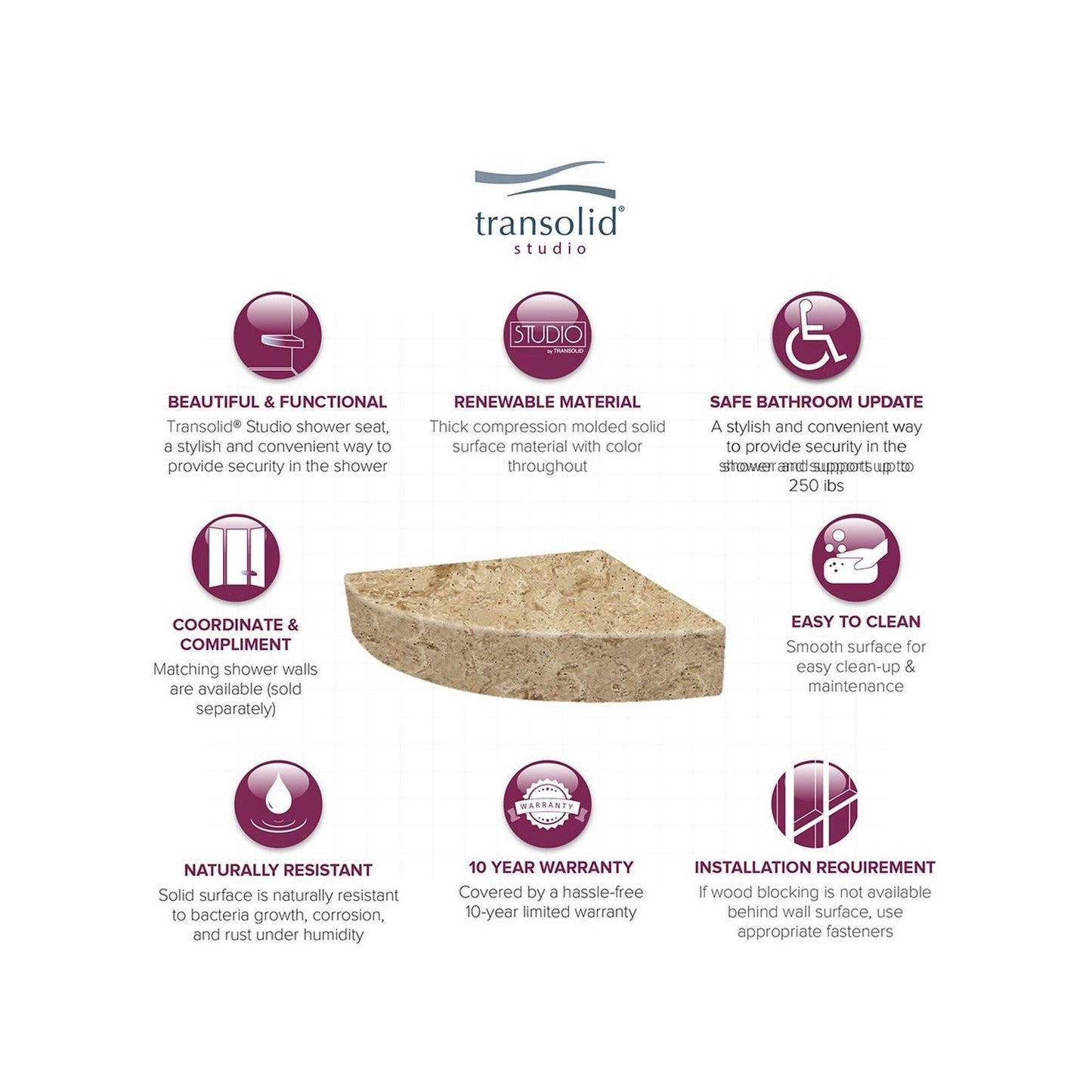 Transolid Studio 14-In X 14-In Solid Surface Wall-Mount Corner Shower Seat - 14.5 x 14.25 x 3