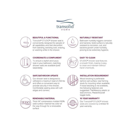 Transolid Studio 14-In X 14-In Solid Surface Wall-Mount Corner Shower Seat - 14.5 x 14.25 x 3