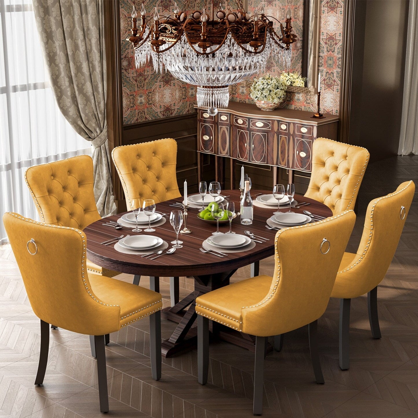 Upholstered Tufted Velvet Dining Chair with Solid Wood Legs Set of 6