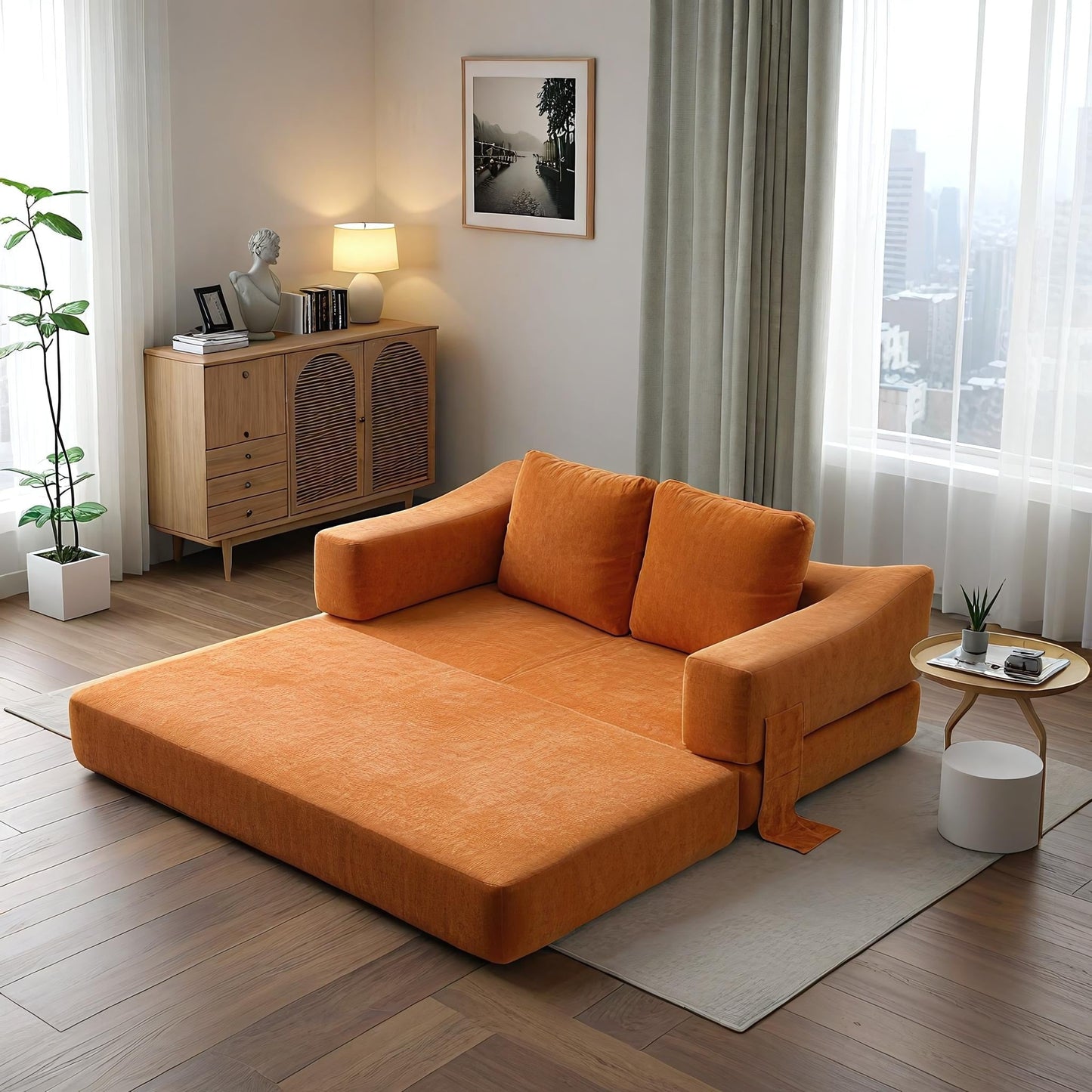 70.87 Upholstered Convertible Sleeper Sofa, Convertible Chair Floor Couch Comfy Sofa for Living Room, Bedroom, Chenille Fabric