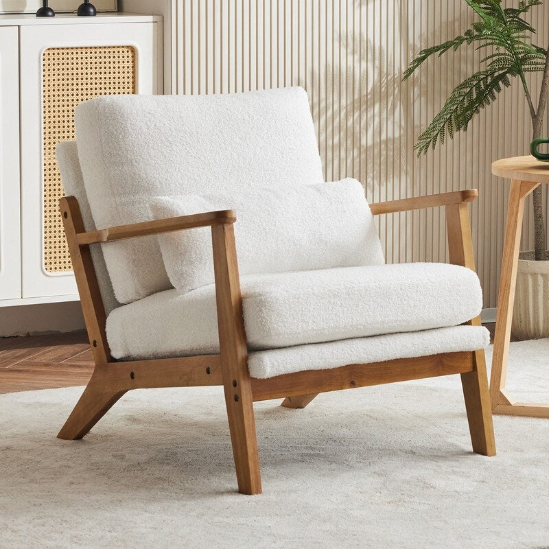 Upholstered Linen Blend Accent Chair with Wooden Legs and One Pillow Beige