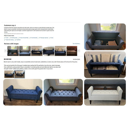 Upholstered Storage Bench Arm Bench Entryway Bench with Tufted Flip Top 50.4 Inches