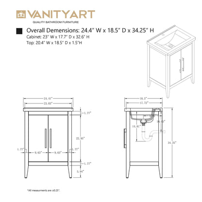Vanity Art 20 or 24 or 30 Single Sink Bathroom Vanity Cabinet with Ceramic Top