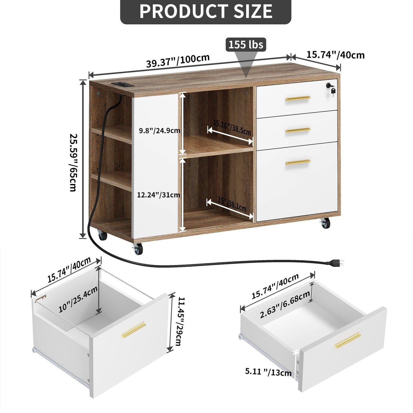 Wood File Cabinet with Charging Station Mobile Lateral Filing Cabinet Lockable Fits A4 Letter Legal Size Files