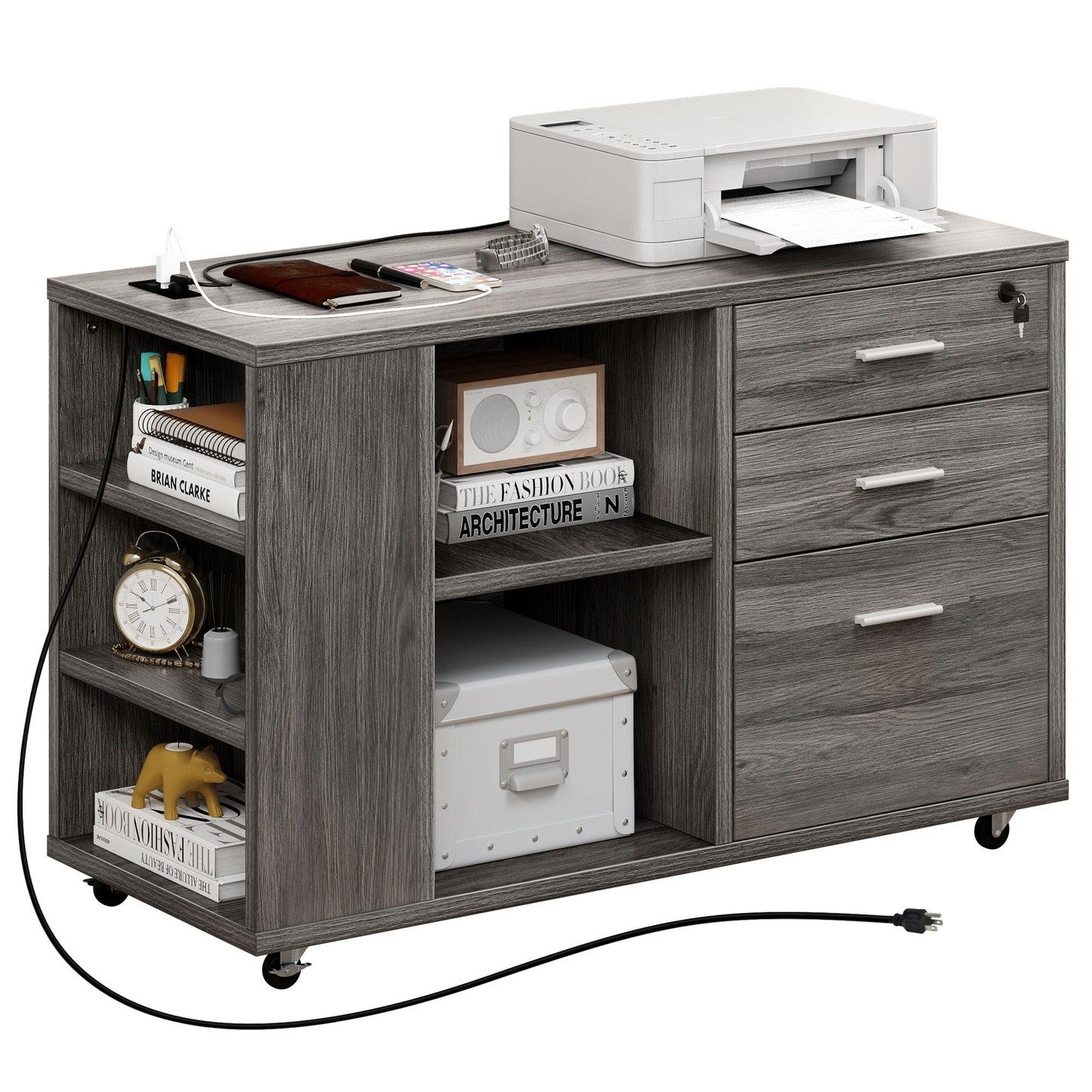 Wood File Cabinet with Charging Station Mobile Lateral Filing Cabinet Lockable Fits A4 Letter Legal Size Files