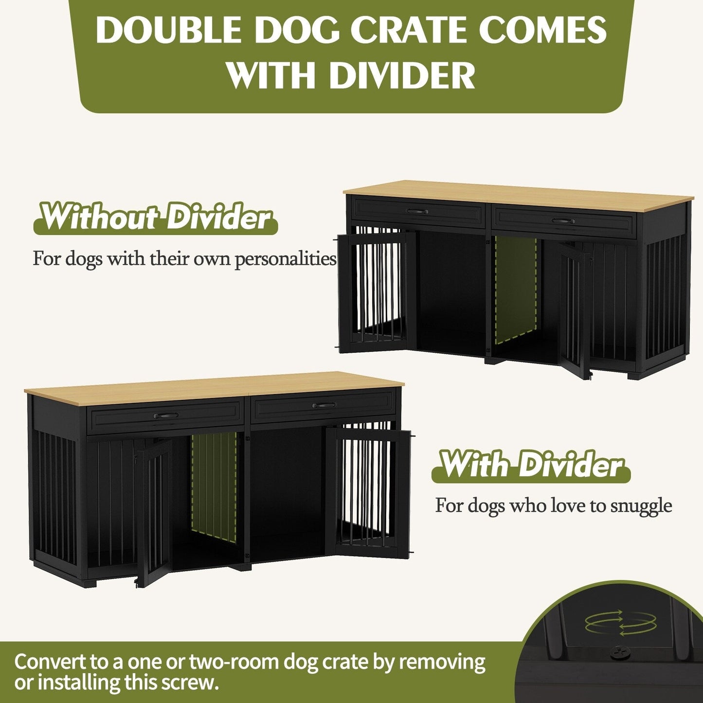 Wooden Double Dog Crate Kennel Furniture with 2 Drawers & Divider